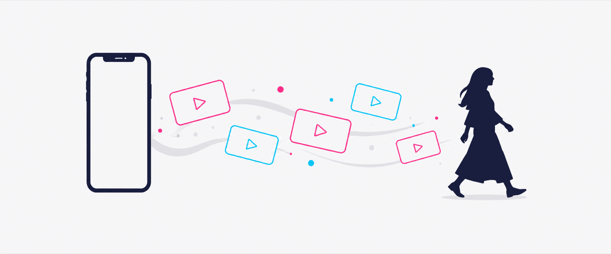 スマホから動画カードが流れ出て、客が店へ向かう様子のイラスト