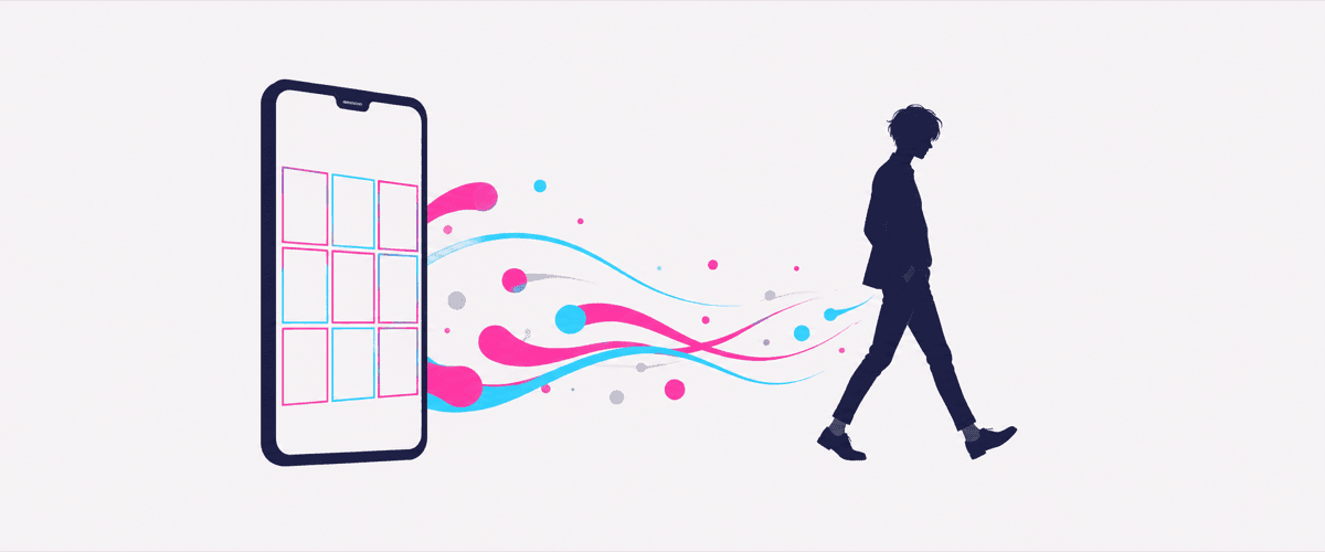 スマホの写真グリッドから人が店へ向かうイラスト