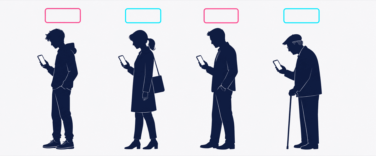 幅広い年代の人がそれぞれInstagramを開いている様子を示すイラスト