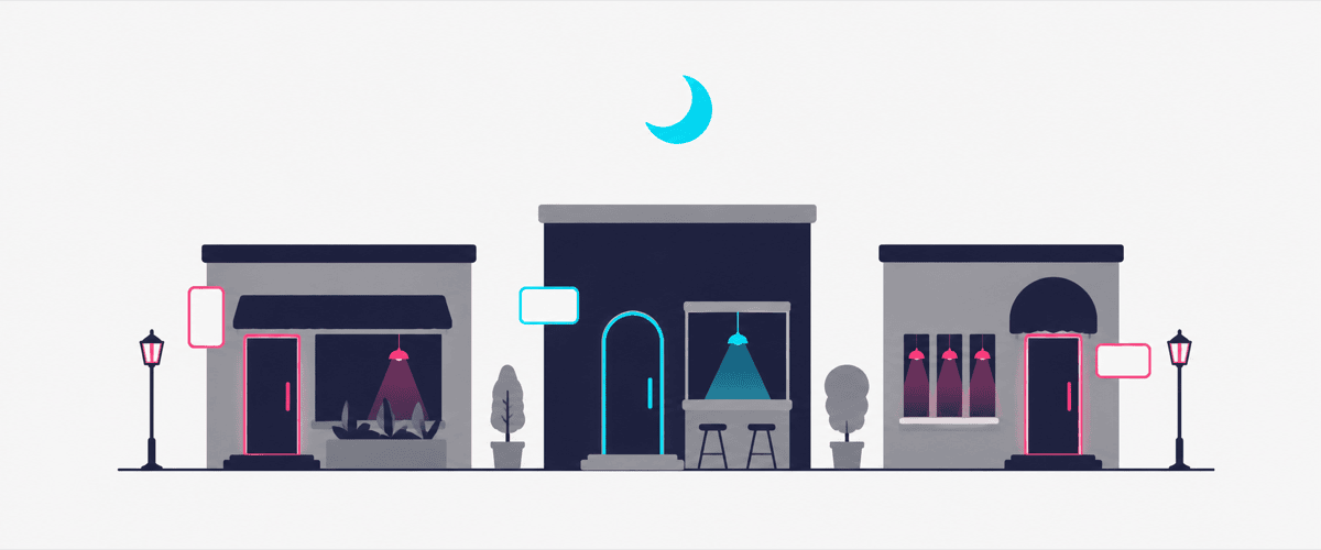 3軒の店が並ぶ夜の街並みのイラスト