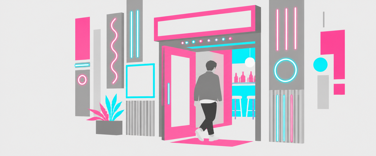 ミナミの気軽なネオンの店に客がふらっと入るイラスト