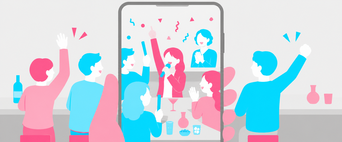 カラオケで沸く卓とママを短い動画で切り取るイラスト