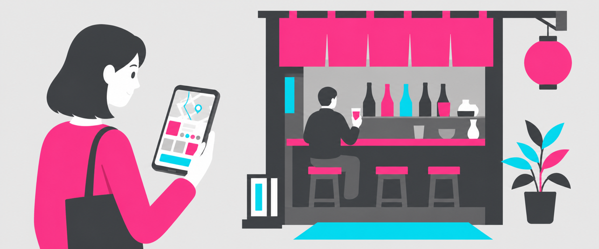 一見客がスマホの地図とInstagramで店を見つけるイラスト