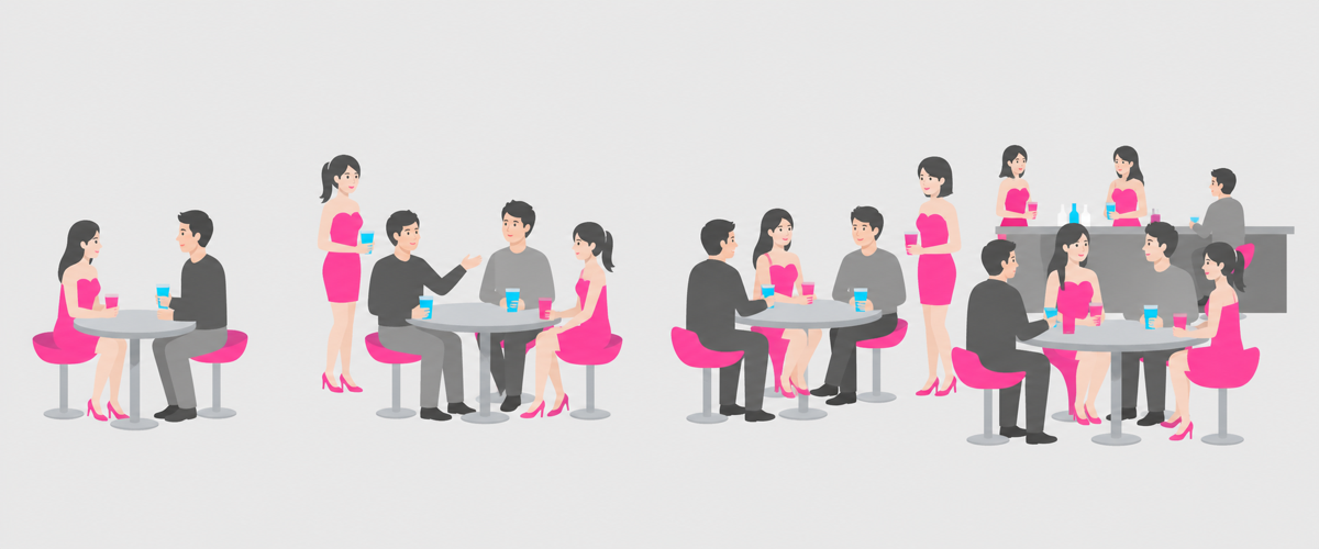 一人の常連が友達を連れてきて席が増えていく紹介の輪のイラスト