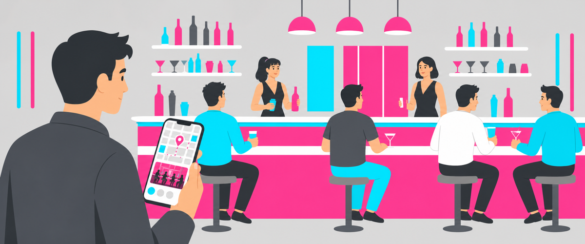 初めての客がスマホの地図とInstagramで店の空気を確かめるイラスト