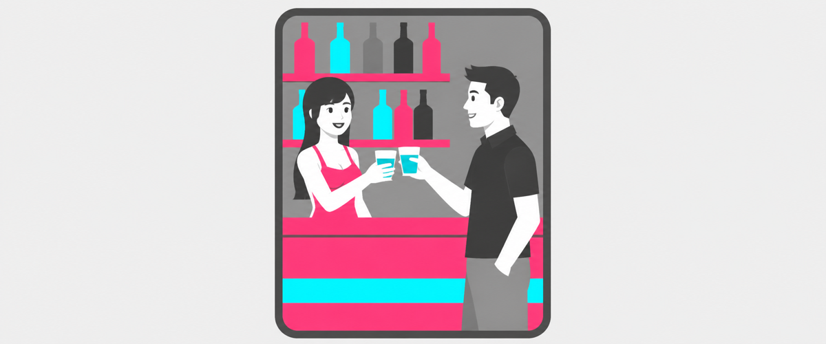 カウンターの笑い声と乾杯の様子を短い動画で切り取るイラスト