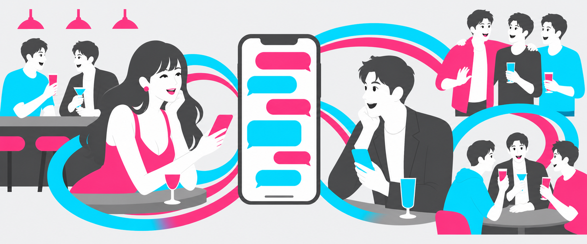 来店客が公式LINEでつながりリピと紹介が回る流れのイラスト