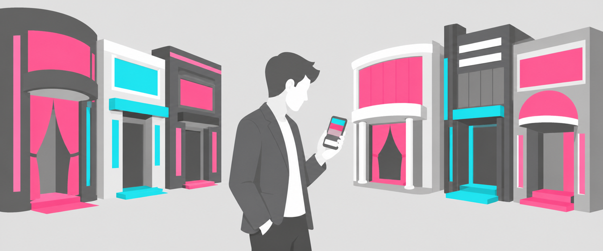 徒歩圏に密集する店の中で、客がスマホを開いて次の一軒を選ぶイラスト
