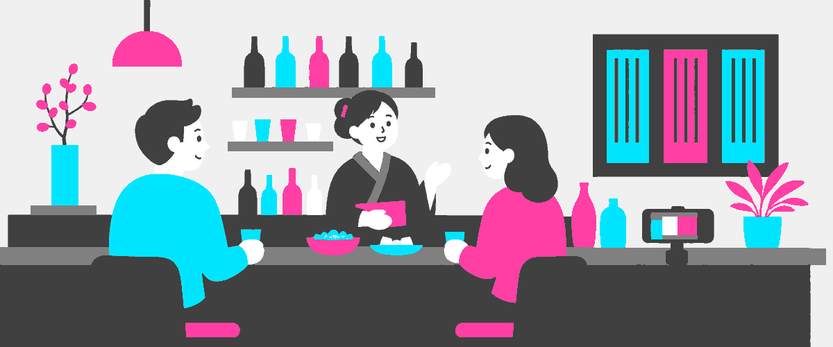 ママの人柄とカウンターの空気を短い動画で切り取るイラスト