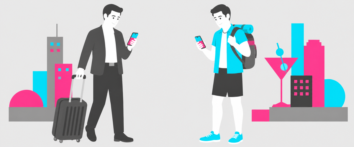 スーツケースを引いた出張客と観光客がスマホで店を探すイラスト
