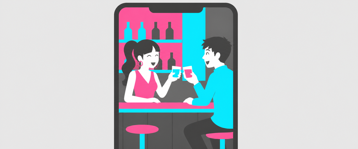 カウンターの笑い声と乾杯の様子を短い動画で切り取るイラスト