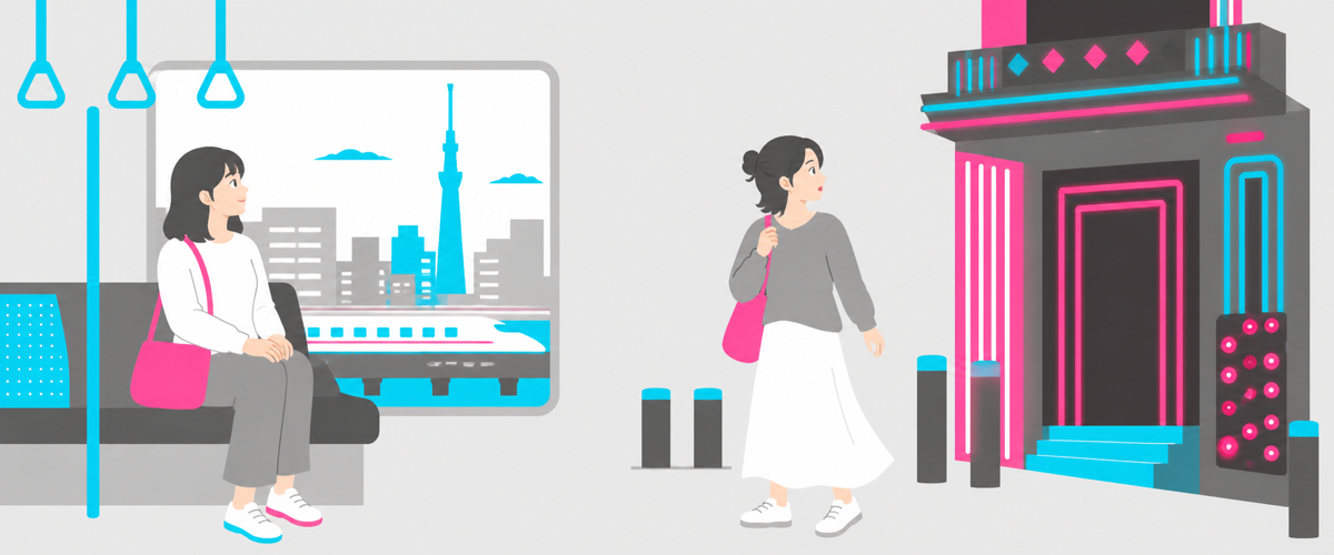電車で東京へ向かう客と、地元の店に足を止める客を対比したイラスト