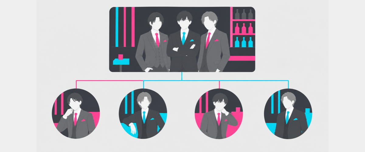 店のアカウントを中心に個人アカウントがぶら下がる構造のイラスト