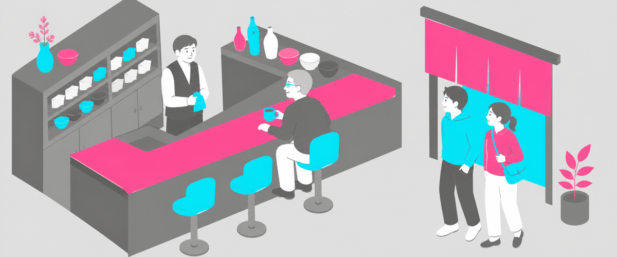 昔なじみの年配の常連と、まだ店を知らない若い世代を対比した俯瞰イラスト
