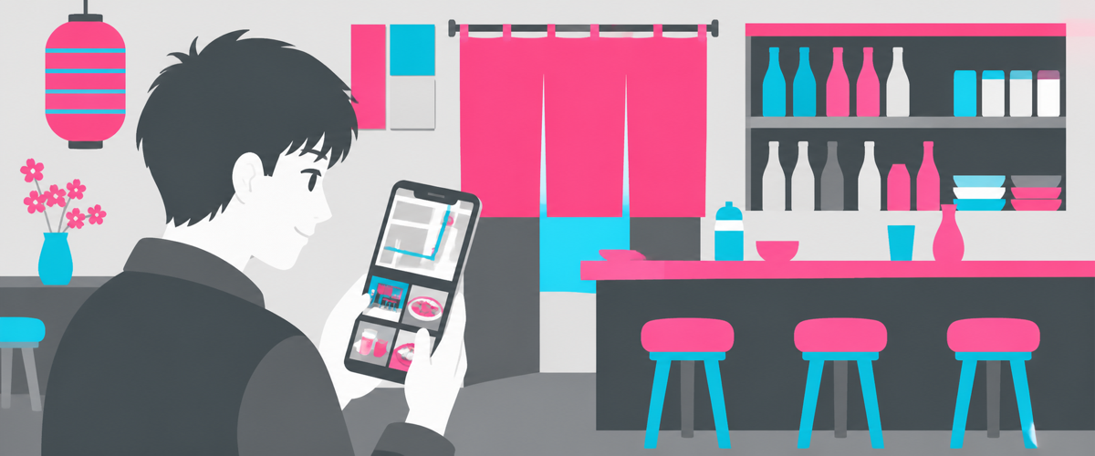 若い客がスマホの地図とInstagramでレトロなスナックを見つけるイラスト