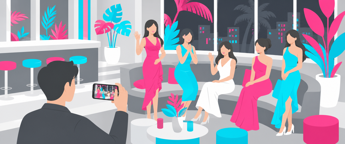沖縄らしい明るい店内とキャストの様子を短い動画で切り取るイラスト