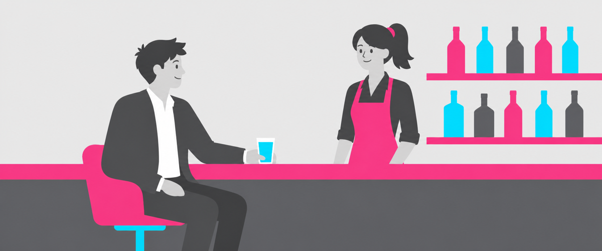 仕事帰りに一人でカウンターに座る若手社会人の客のイラスト