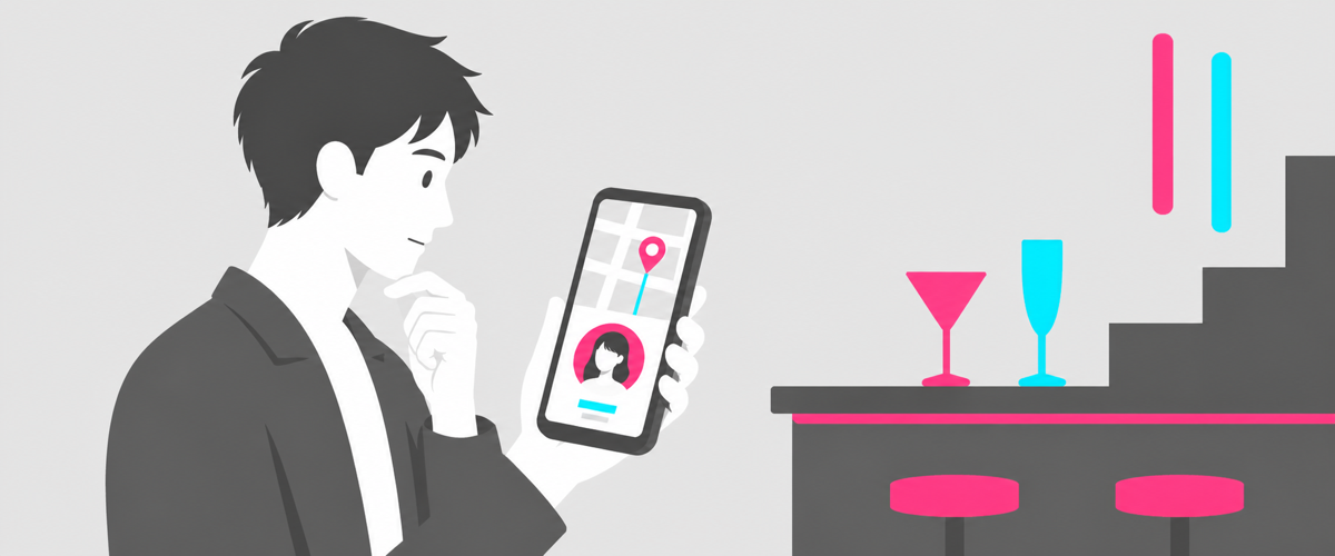 初めての客がスマホの地図とInstagramで店の空気を確かめるイラスト