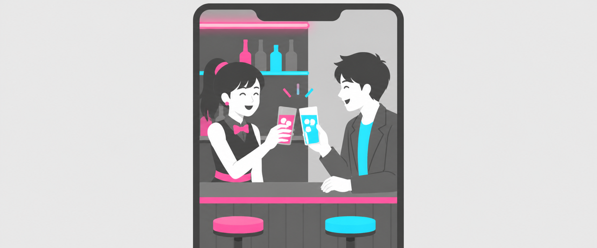 カウンターの笑い声と乾杯の様子を短い動画で切り取るイラスト