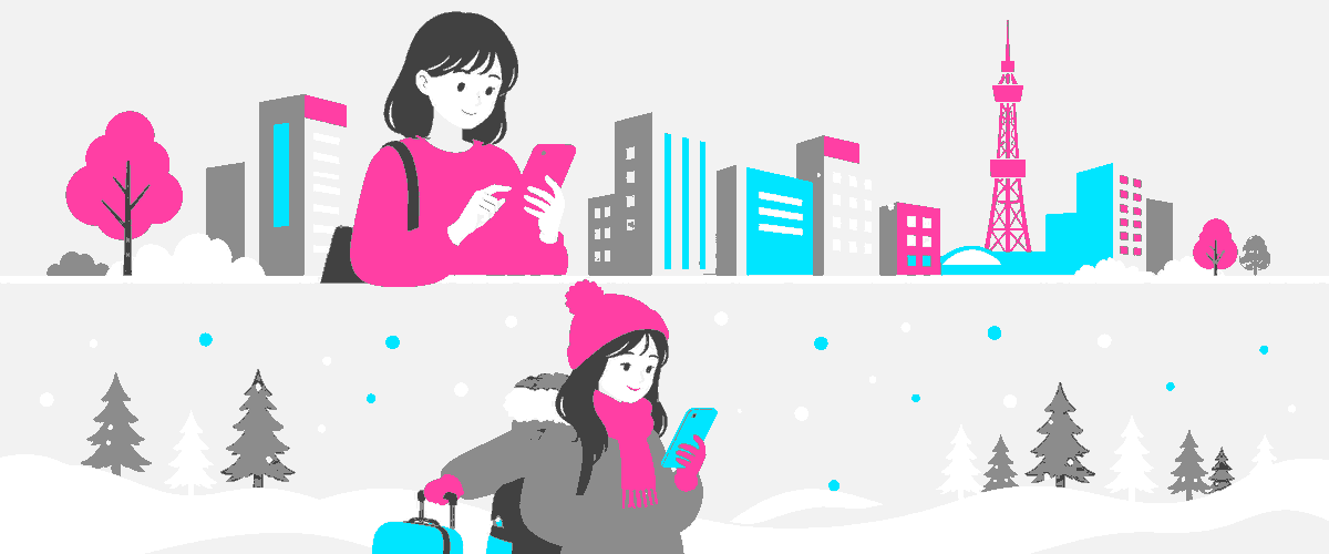 地元の客と、雪の中を旅する道外の観光客がスマホで店を探す二層を描いたイラスト