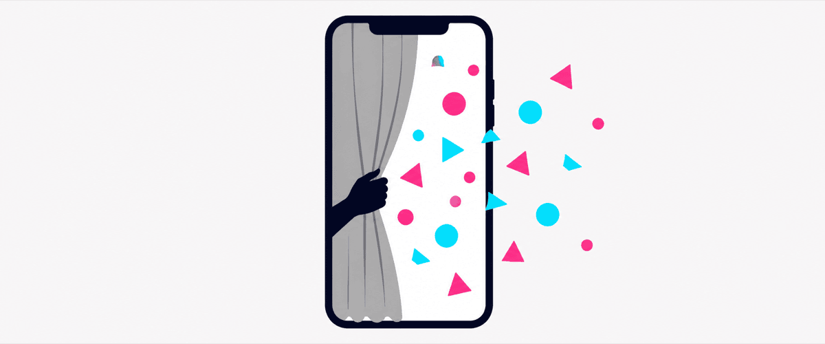 スマホのカーテンが開き隠すから見せるへ変わるイラスト