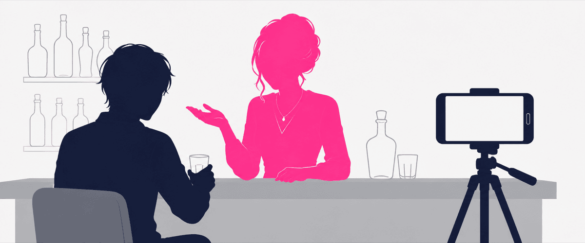 カウンター越しに常連と語り合うママをスマホが映すイラスト