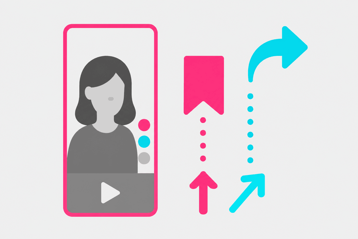 60〜90秒の動画尺と、保存・シェアのアイコンが伸びるイメージのイラスト