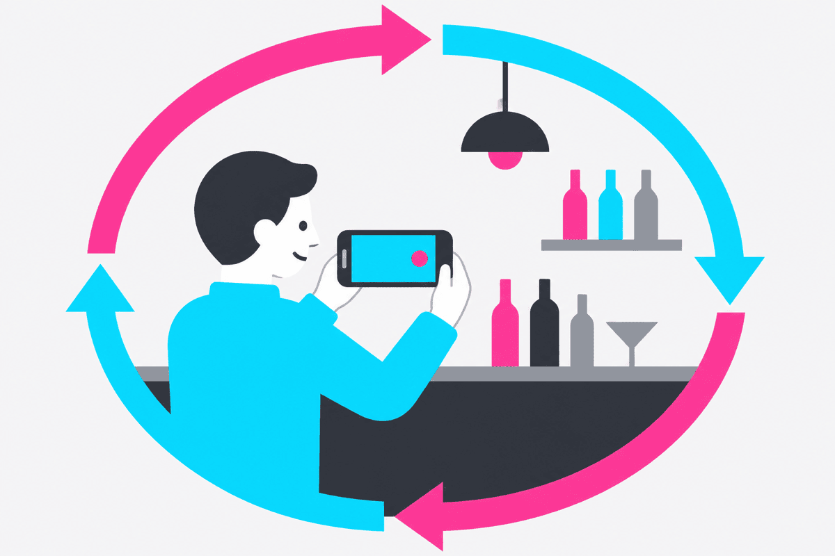 夜の店のスマホ運用を順番の矢印で示した手順フローのイラスト