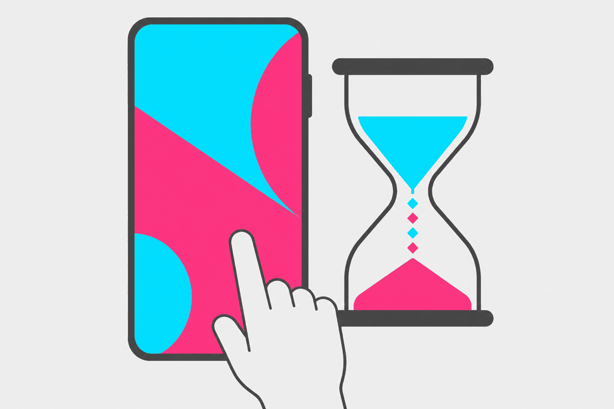 スマホ画面と2秒のカウントダウン、指がスワイプしかけるフラットイラスト