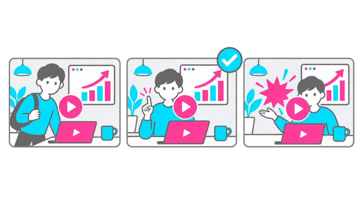 冒頭だけ違う複数の動画サムネを見比べるイラスト