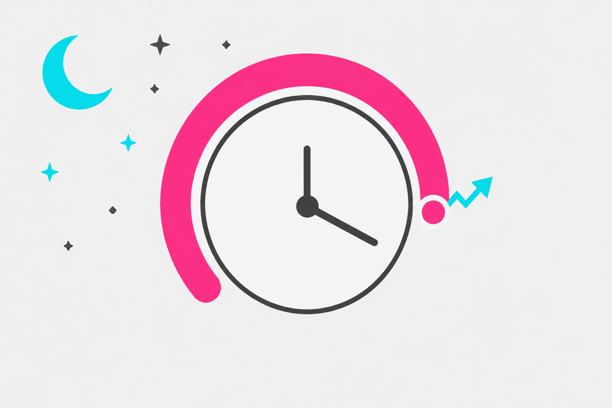 夜の時計が20〜24時を指し、投稿直後に反応が伸びるフラットイラスト