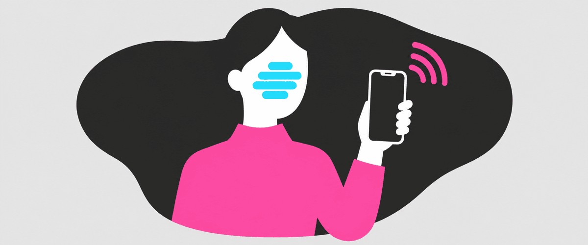 顔を隠してスマホで発信するシルエットのフラットイラスト